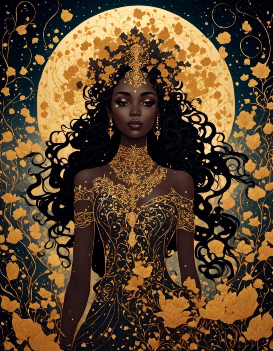 Tarot Art: Dark Night Sky Goddess in Gold