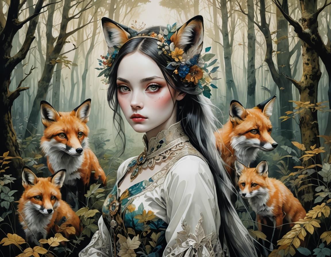 Fox-Woman Portrait in Forest, Inspired by Classic Art