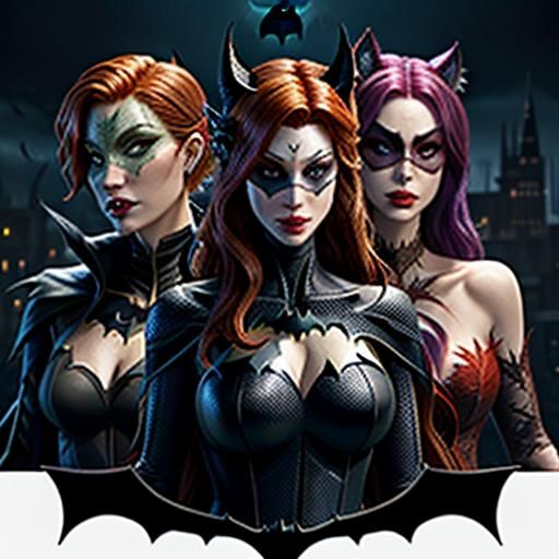 Batman at a masquerade ball with catwoman and poison ivy, hy...
