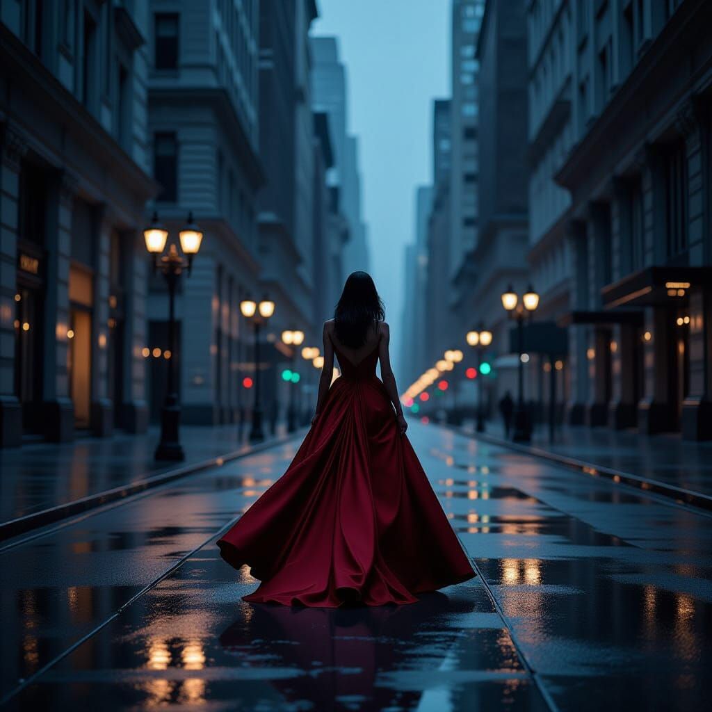 Elegant Figure in Crimson Gown on Rain-Slicked Art Deco Stre...