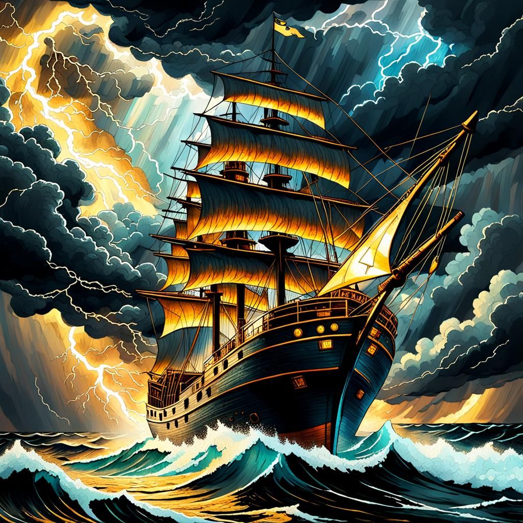 Stormy Seas Ship: Pyrography in Cubist Comic Art Style