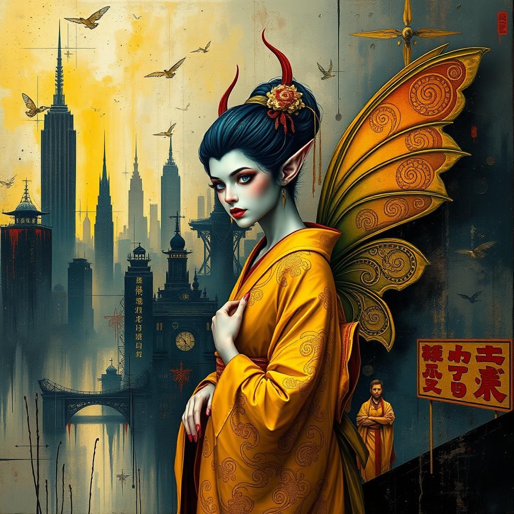 Geisha Fairy Elf in Dystopian Cityscape as Impasto Art