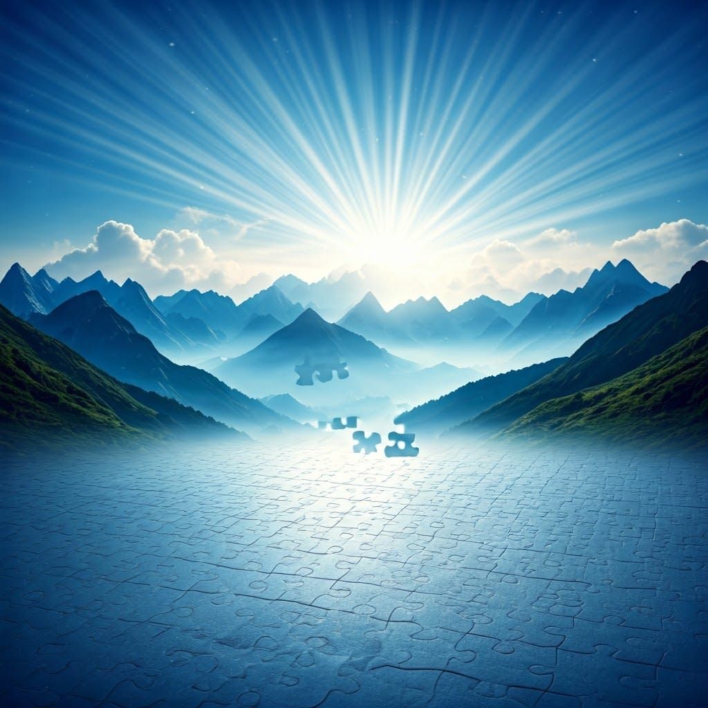 Surreal Landscape with Emerging Puzzle in Dreamy, Romantic S...