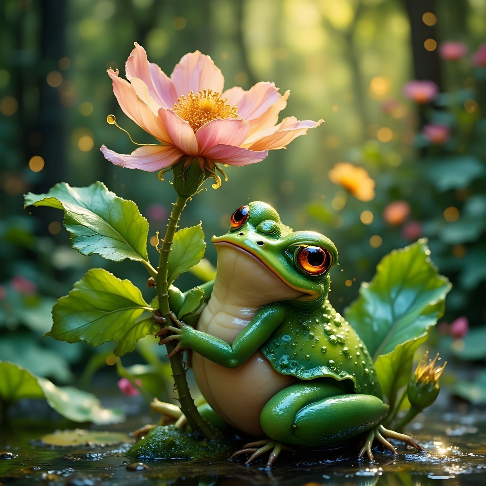 Frog Holding Flower in Dreamlike Style