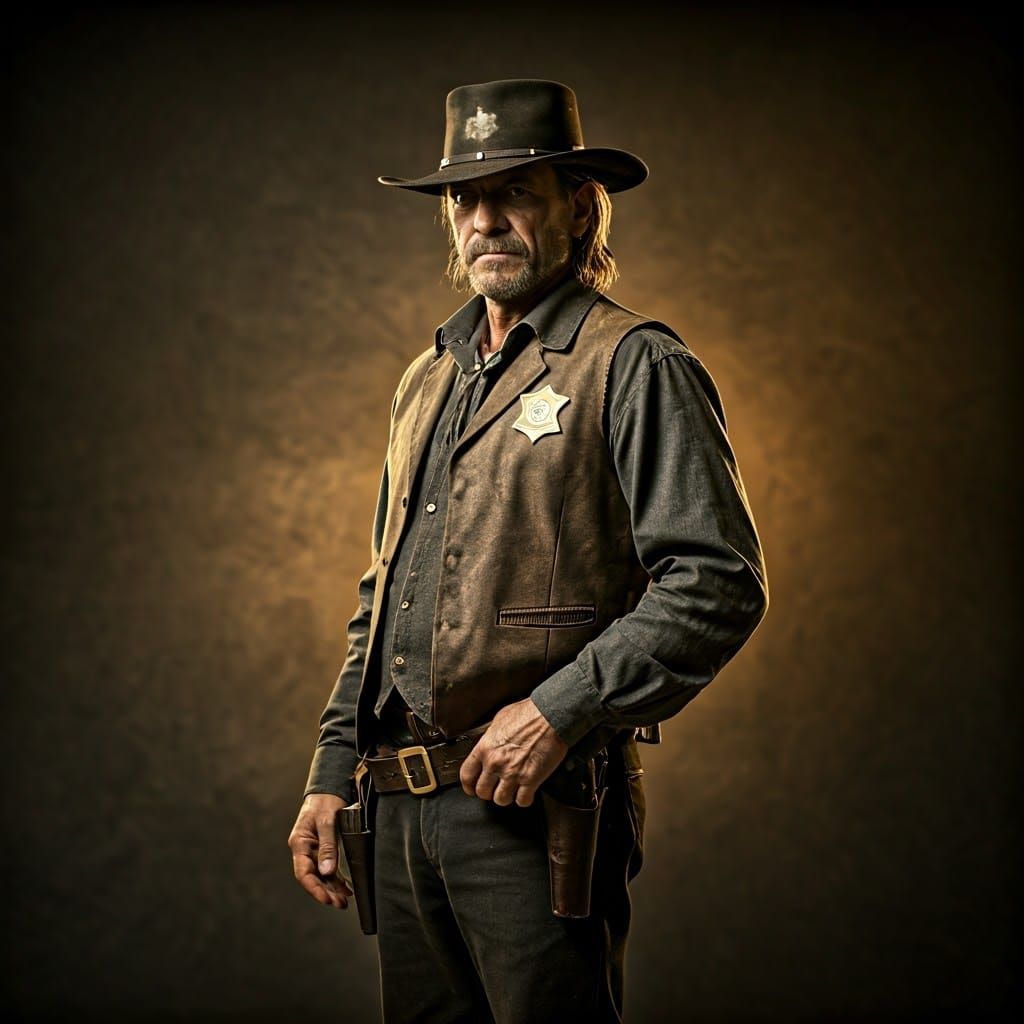 Tall, Weathered Sheriff Dominates a Dramatic Western Backgro...