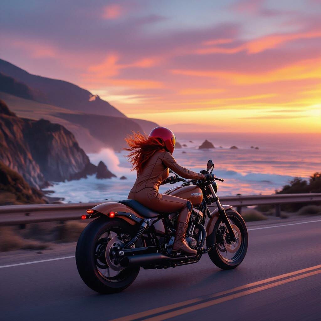 Motorcycle Rider at Sunset in Photorealistic Style