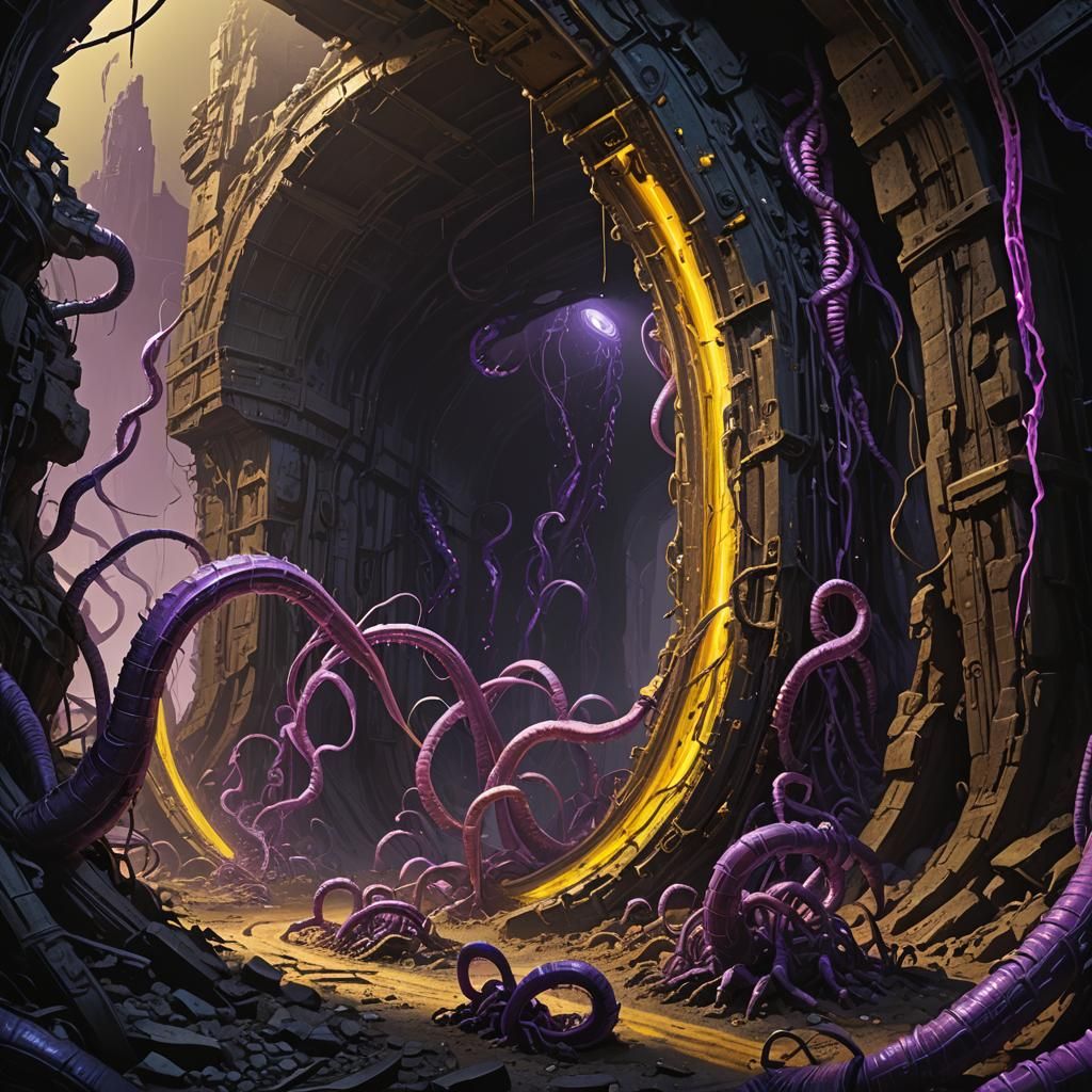 Alien Worms Invade Gold Mine in Dark Fantasy Art