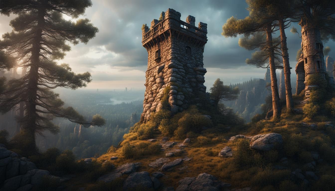 Stone Watchtower in Pine Forest: Detailed Matte Painting