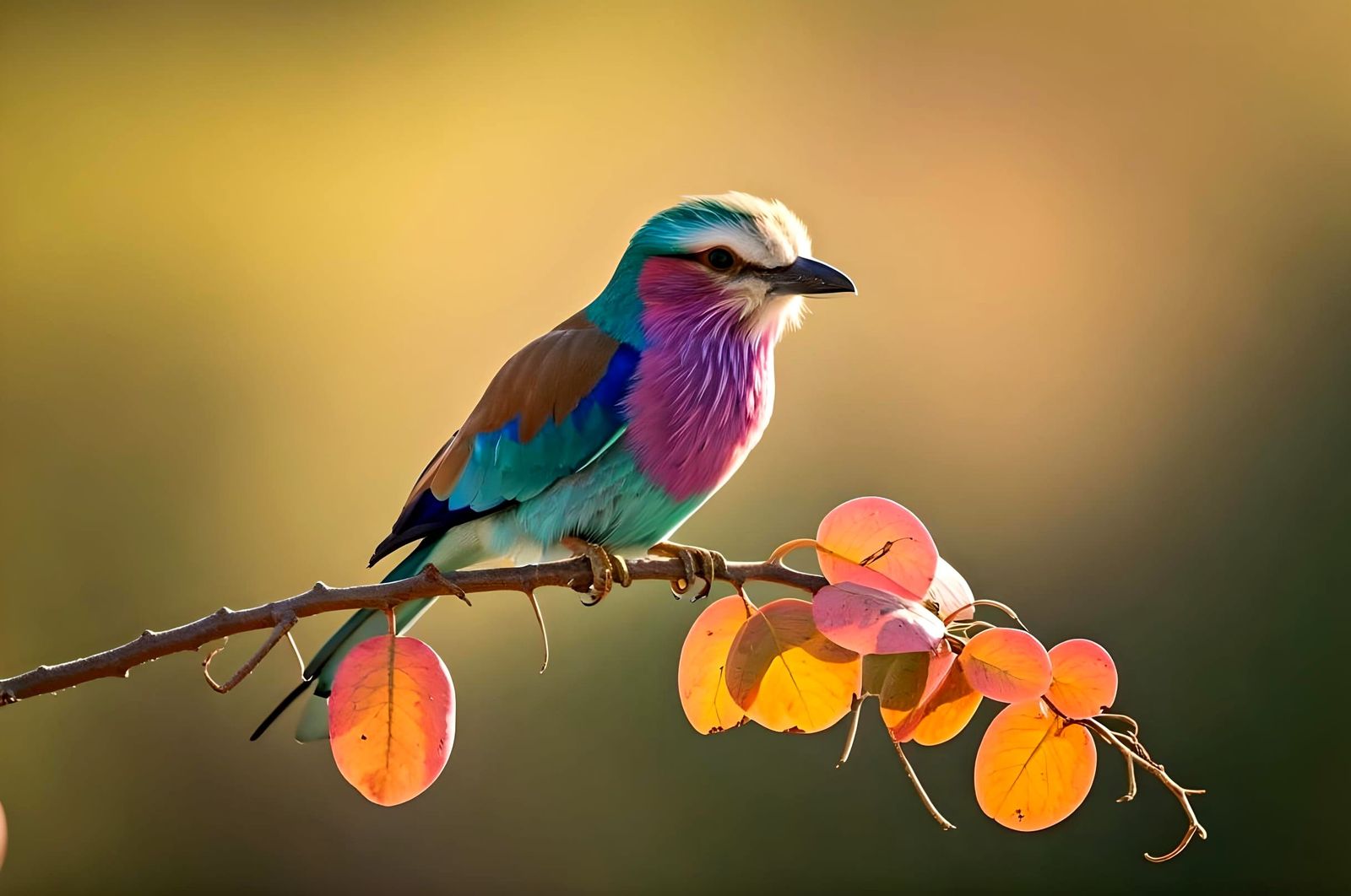 a Lilac breasted roller standing in orange pink ,and green r...