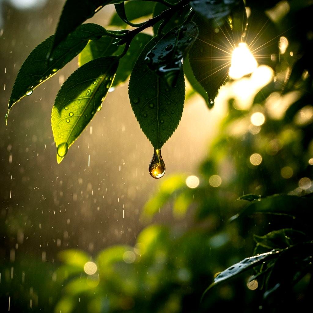 Golden Raindrop Suspended in Lush Summer Setting
