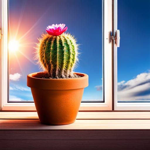 Blooming Cactus on Windowsill: Hyperrealistic Splash Art