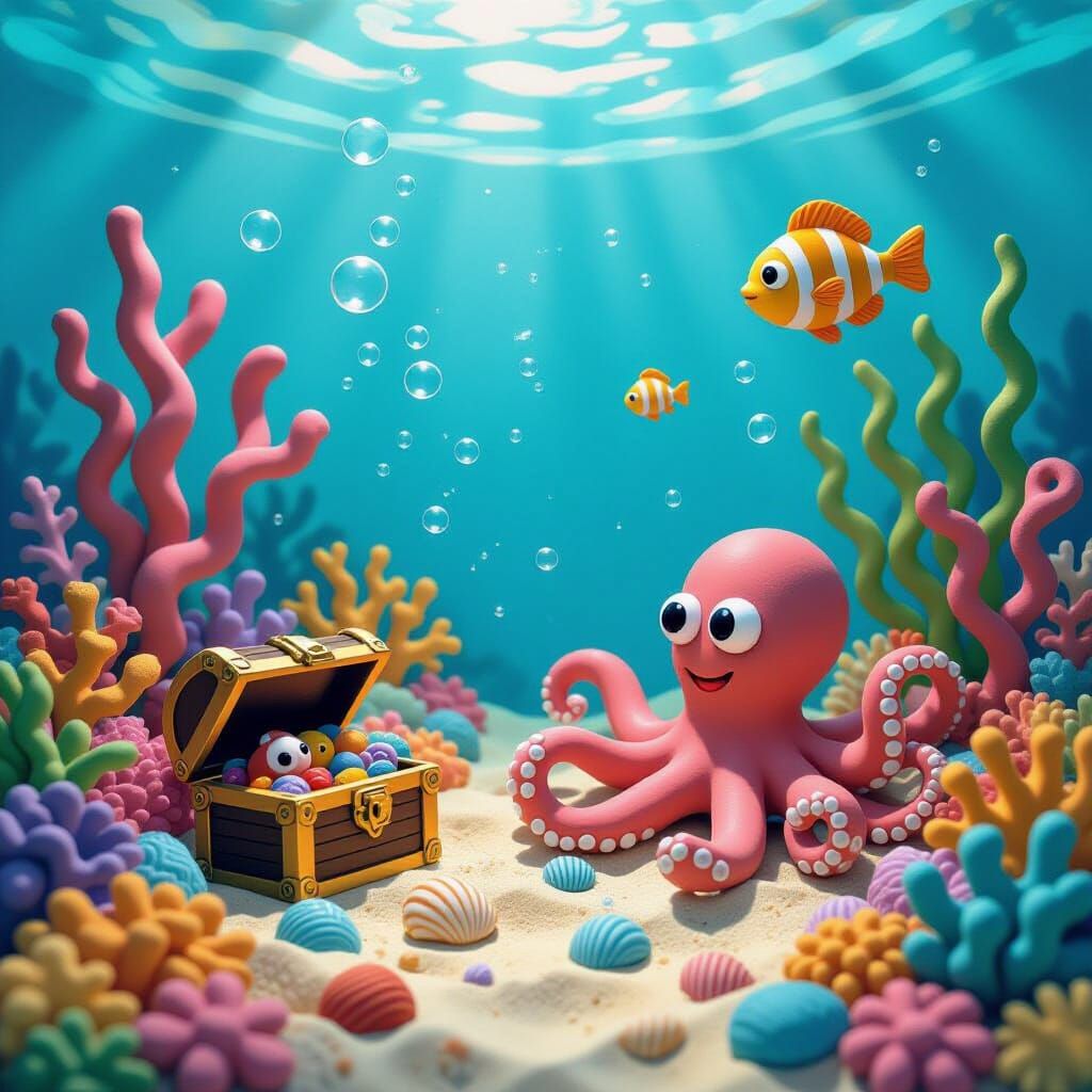 Vibrant Clay Reef with Sea Life and Treasure