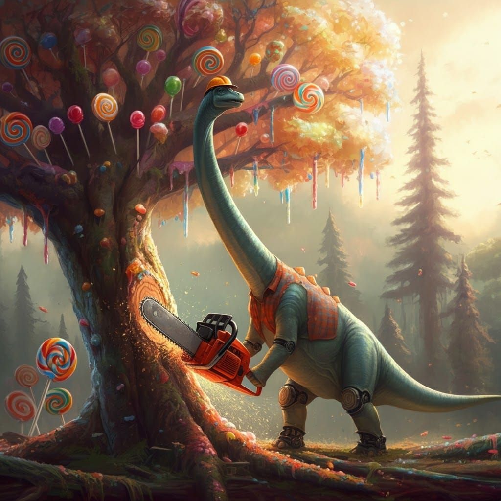 Brachiosaurus Logging Candy Tree in Steampunk Impressionism