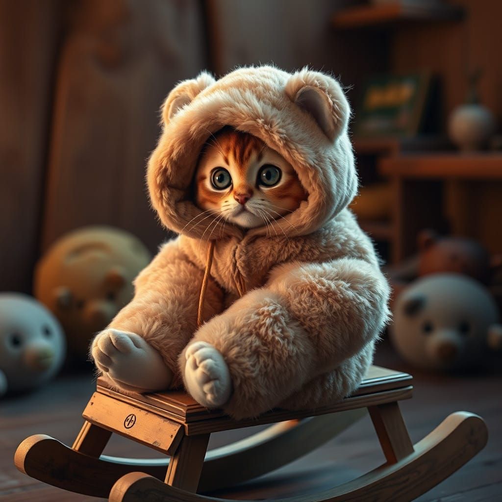 Whimsical Child Cat in Oversized Bear Onesie Rocking Chair