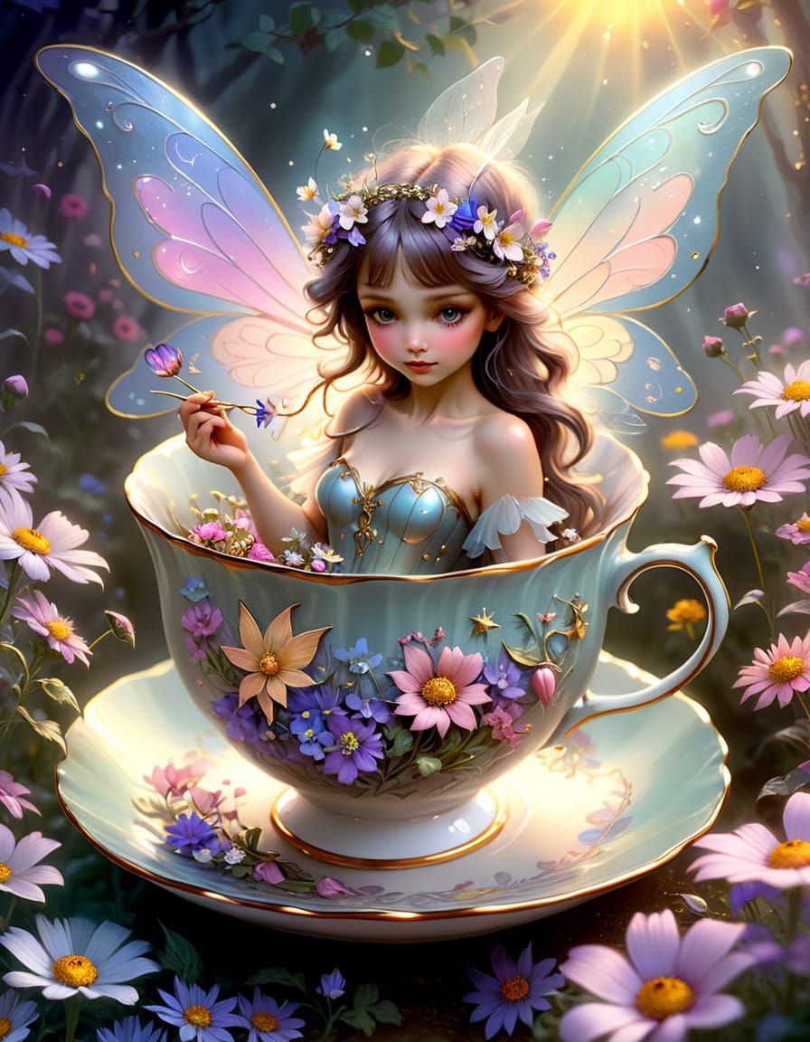 Ethereal Teacup Fantasy with Blooming Flowers and Delicate F...