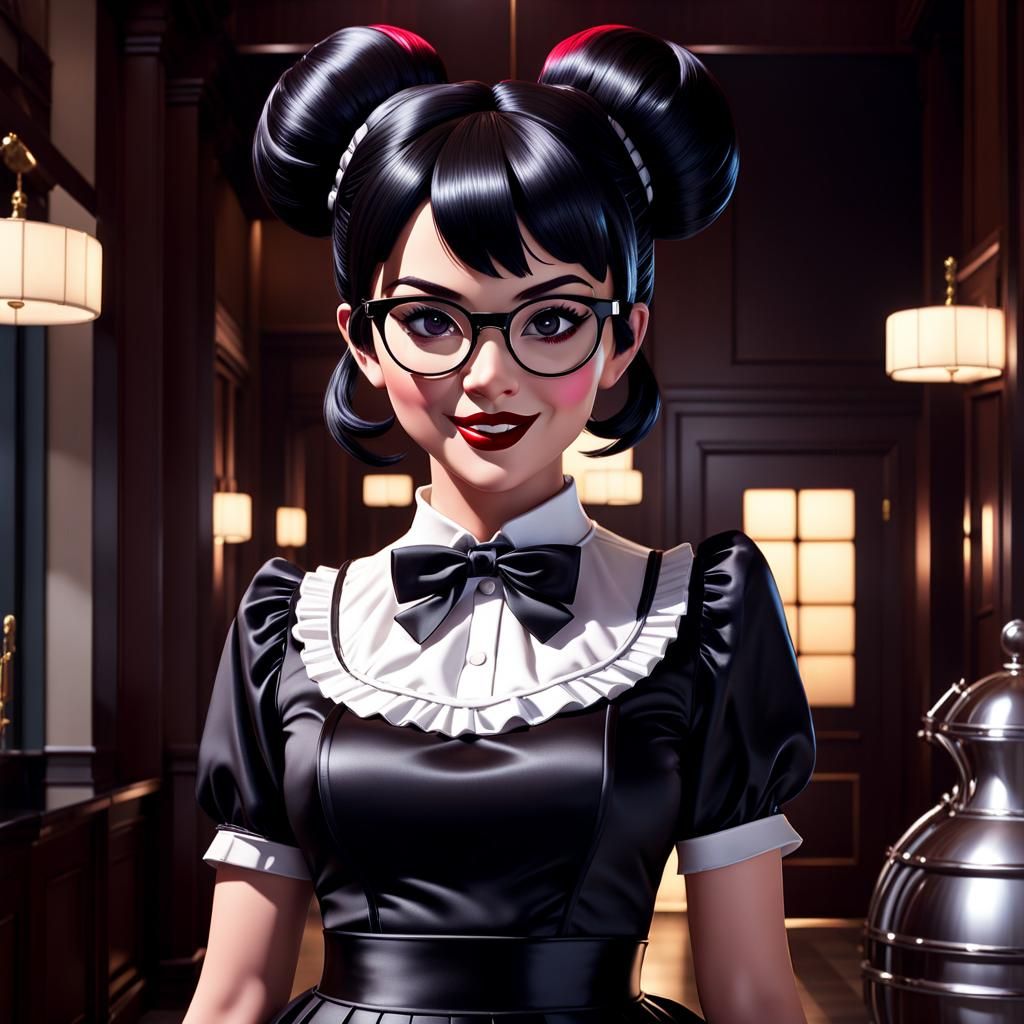 French Maid in Hotel Lobby: 3D Rendered Digital Art