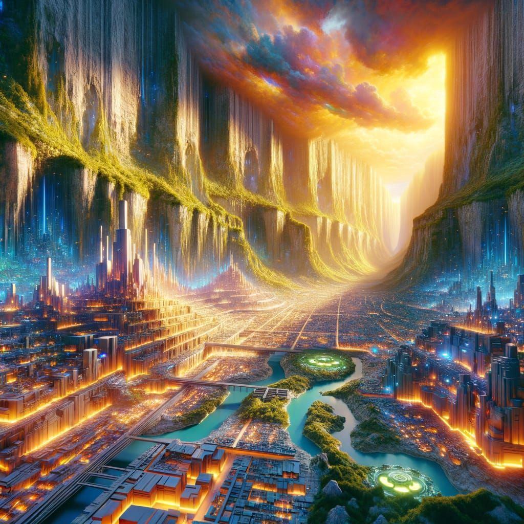 Vibrant Solarpunk City in Canyon, Digital Art