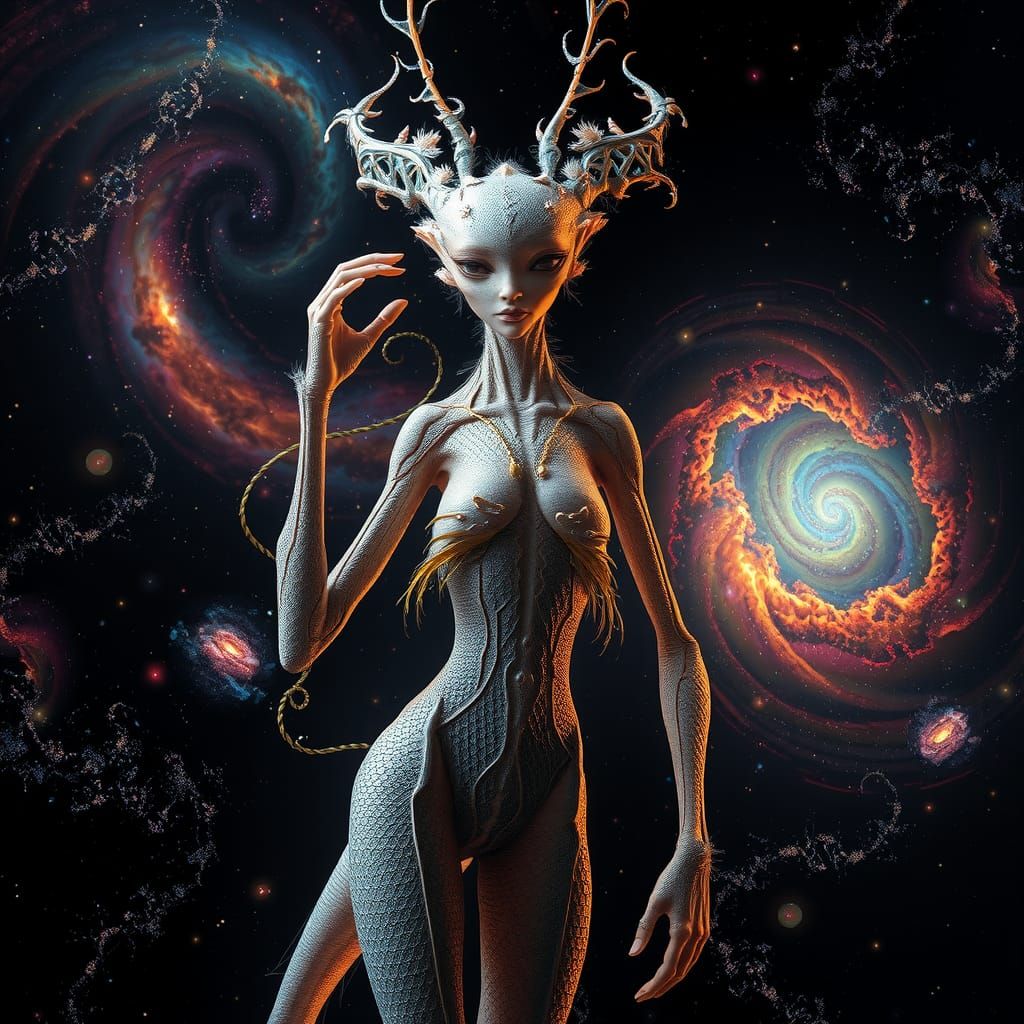 Otherworldly Being Posing in Galactic Moonscape