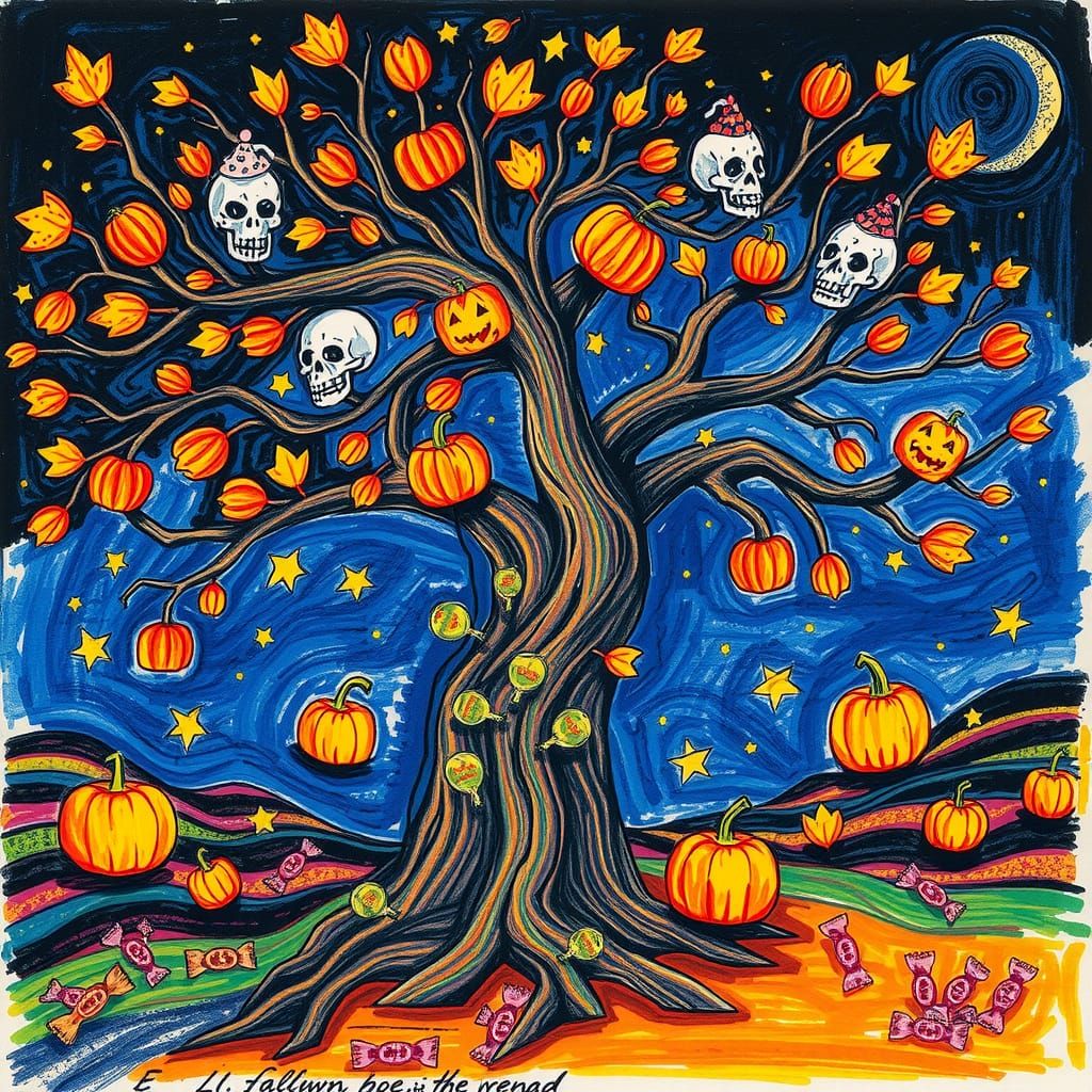 Surreal Halloween Tree with Skulls in Cubist Style