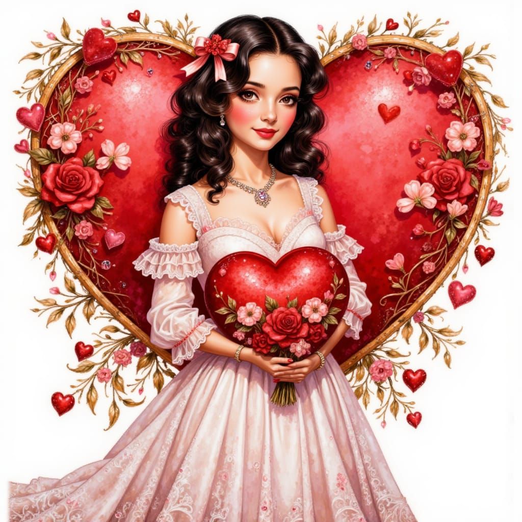 Whimsical Woman Holding Heart in Floral Doodles