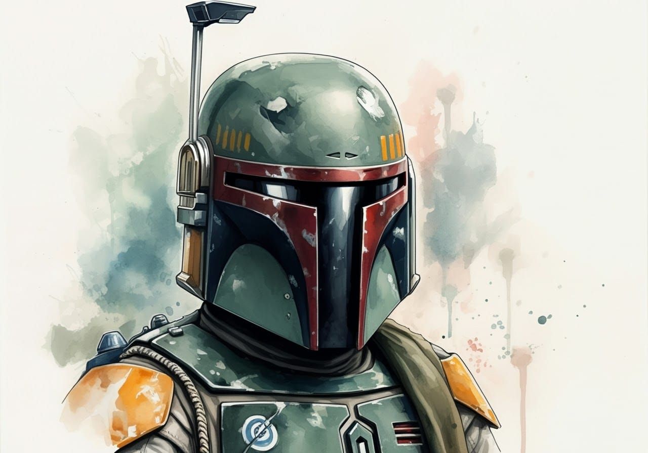 Boba Fett Portrait in Mixed Media Watercolor