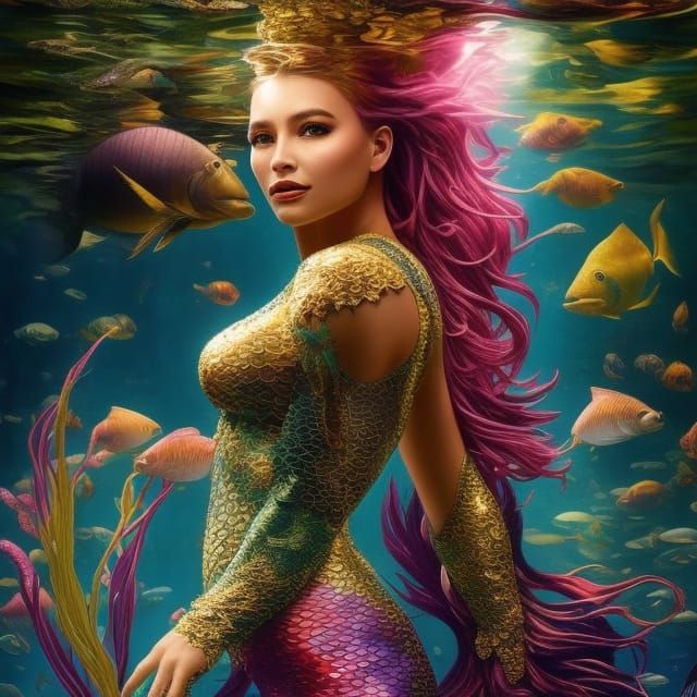 Gilded Mermaid Swimming in Colorful Fantasy Seascape