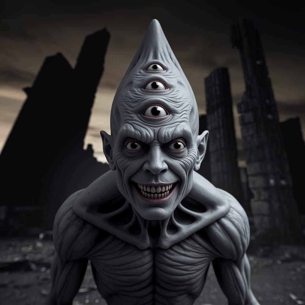 Surreal Noir Horror Figure Looms Over Decaying Ruins