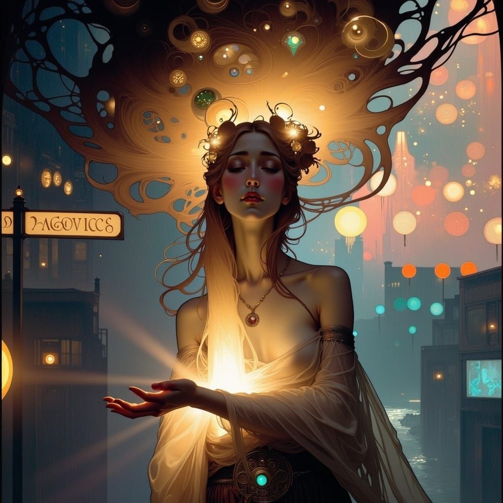 Mysterious Woman in Alleyway, Art Nouveau Style