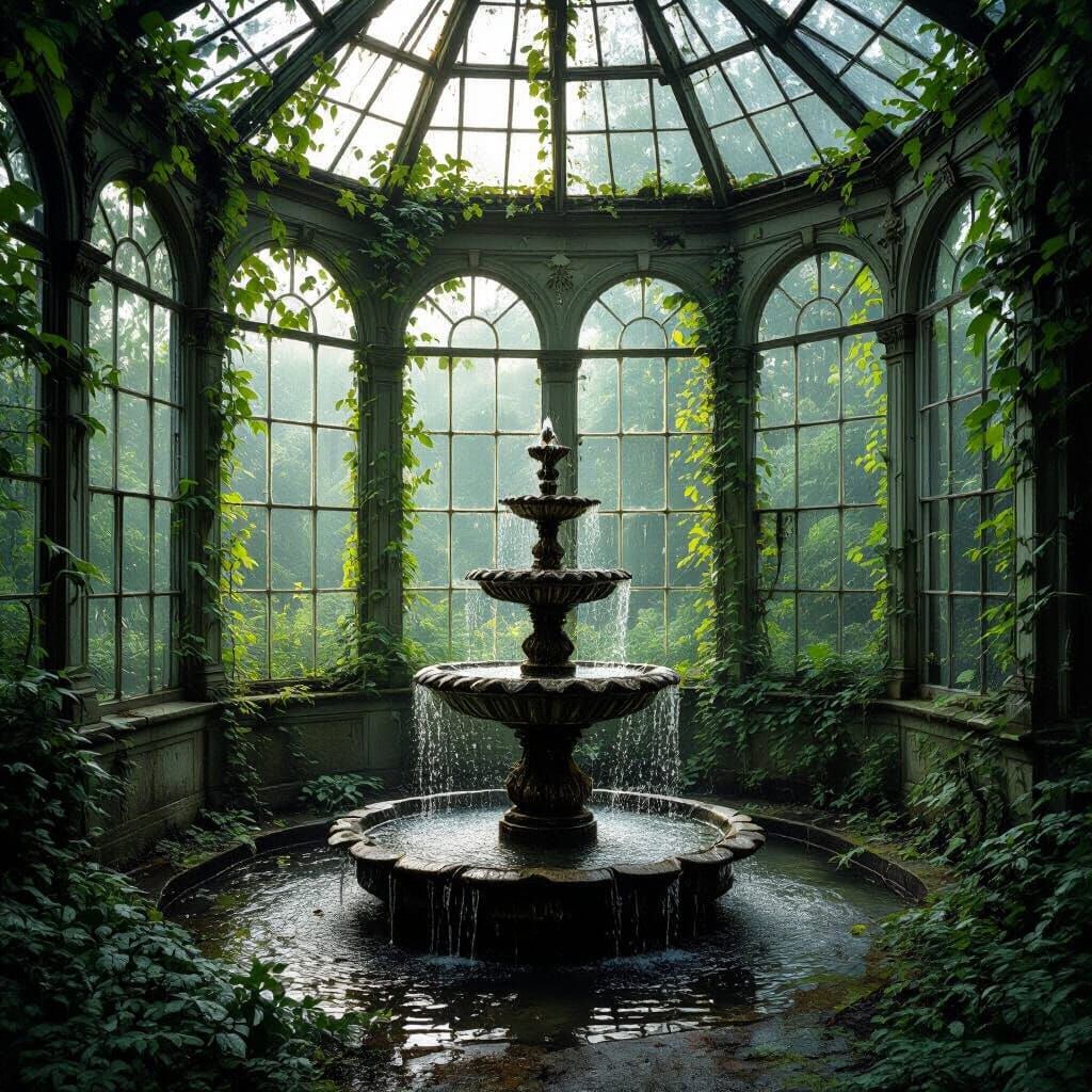 Overgrown Gothic Greenhouse with Cascading Fountain