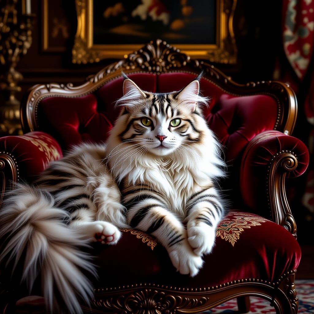 Fluffy Cat Transformed Into Bengal Tiger on Velvet Cushion
