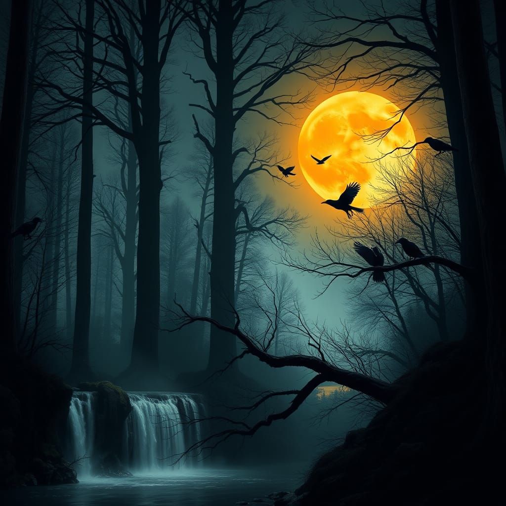 Mystical Forest Backlit by Orange Moon