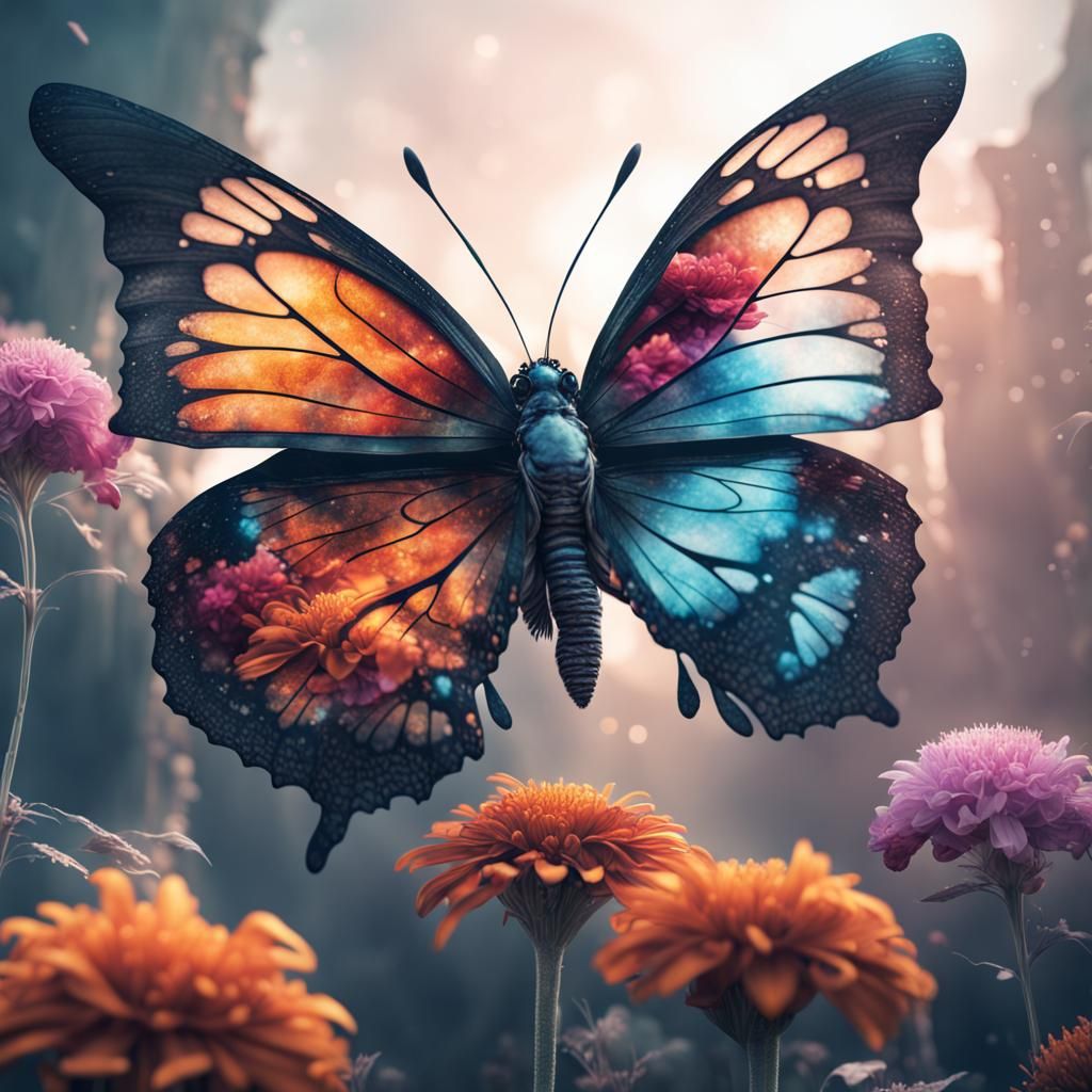 Butterfly on Flower in Double Exposure Effect
