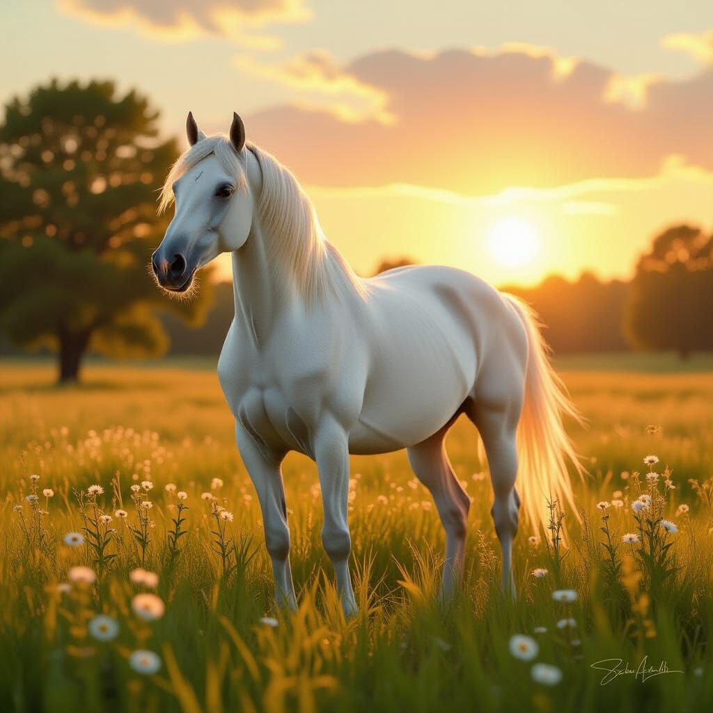 Majestic White Stallion in Sunlit Meadow