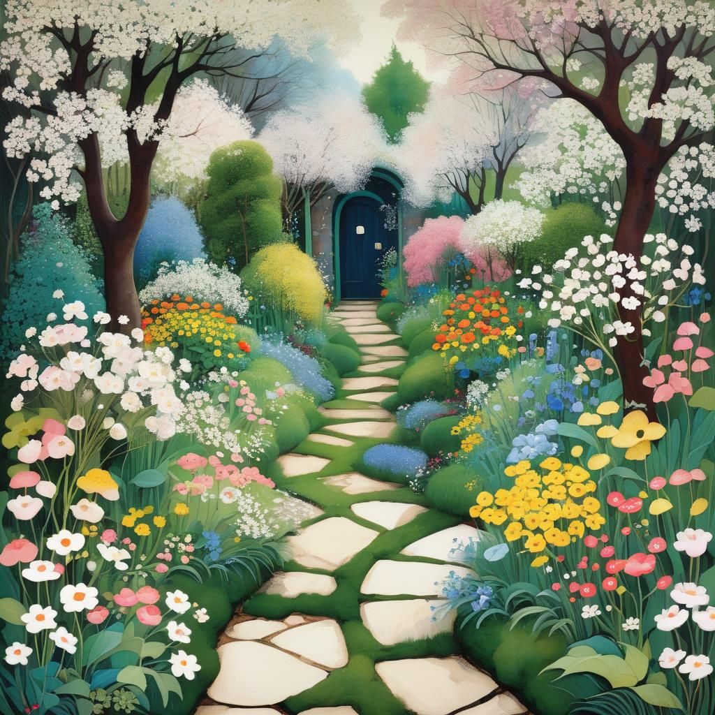 Intricate Spring Garden Path in Art Nouveau Style