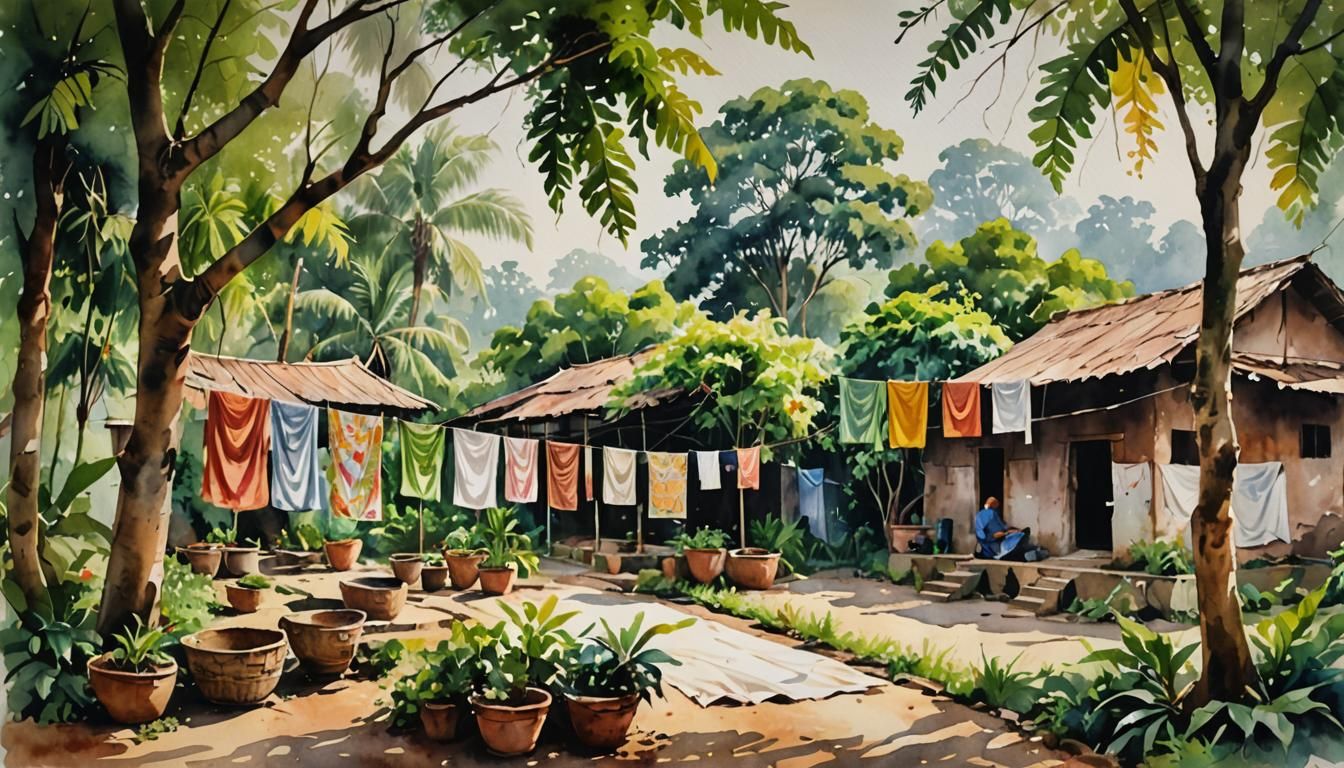 Impressionist Watercolor of Sasirangan Cloth Drying