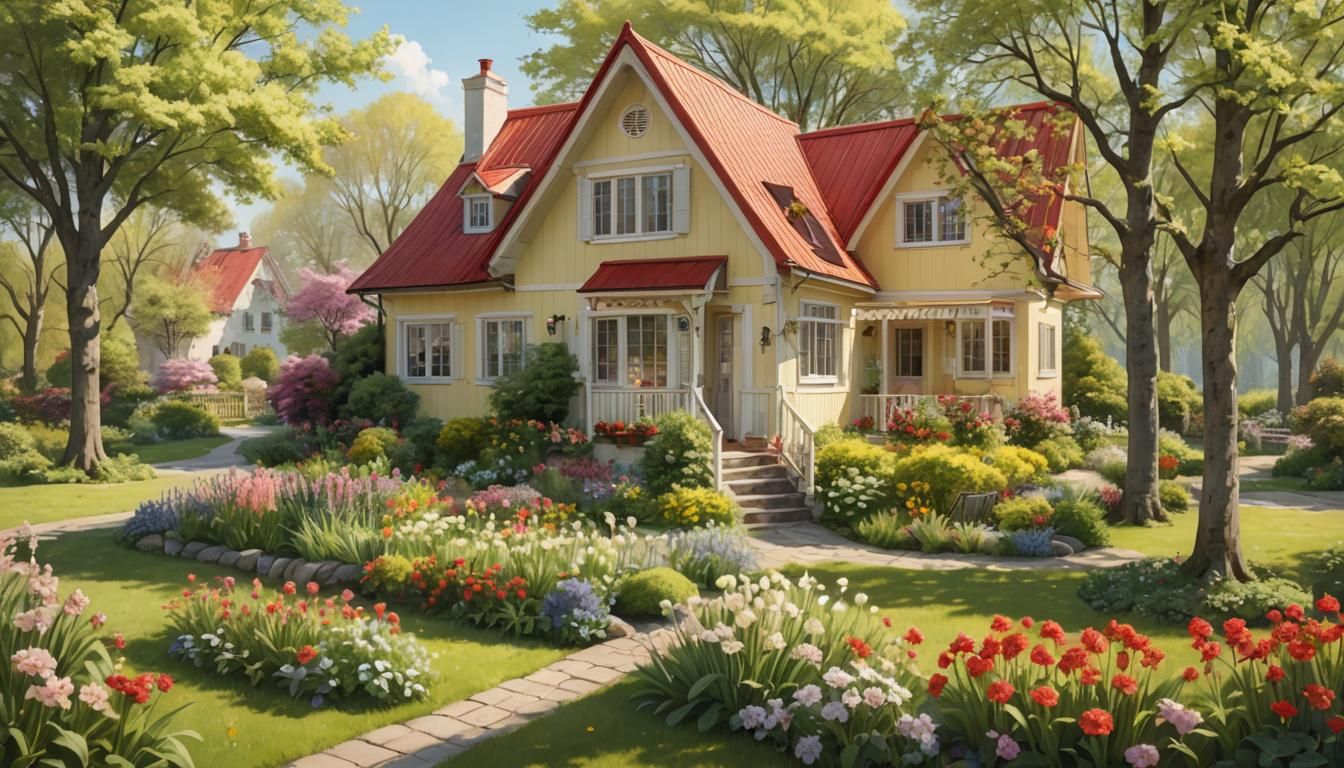 Idyllic Spring Garden Cottage Scene in Soft Colors