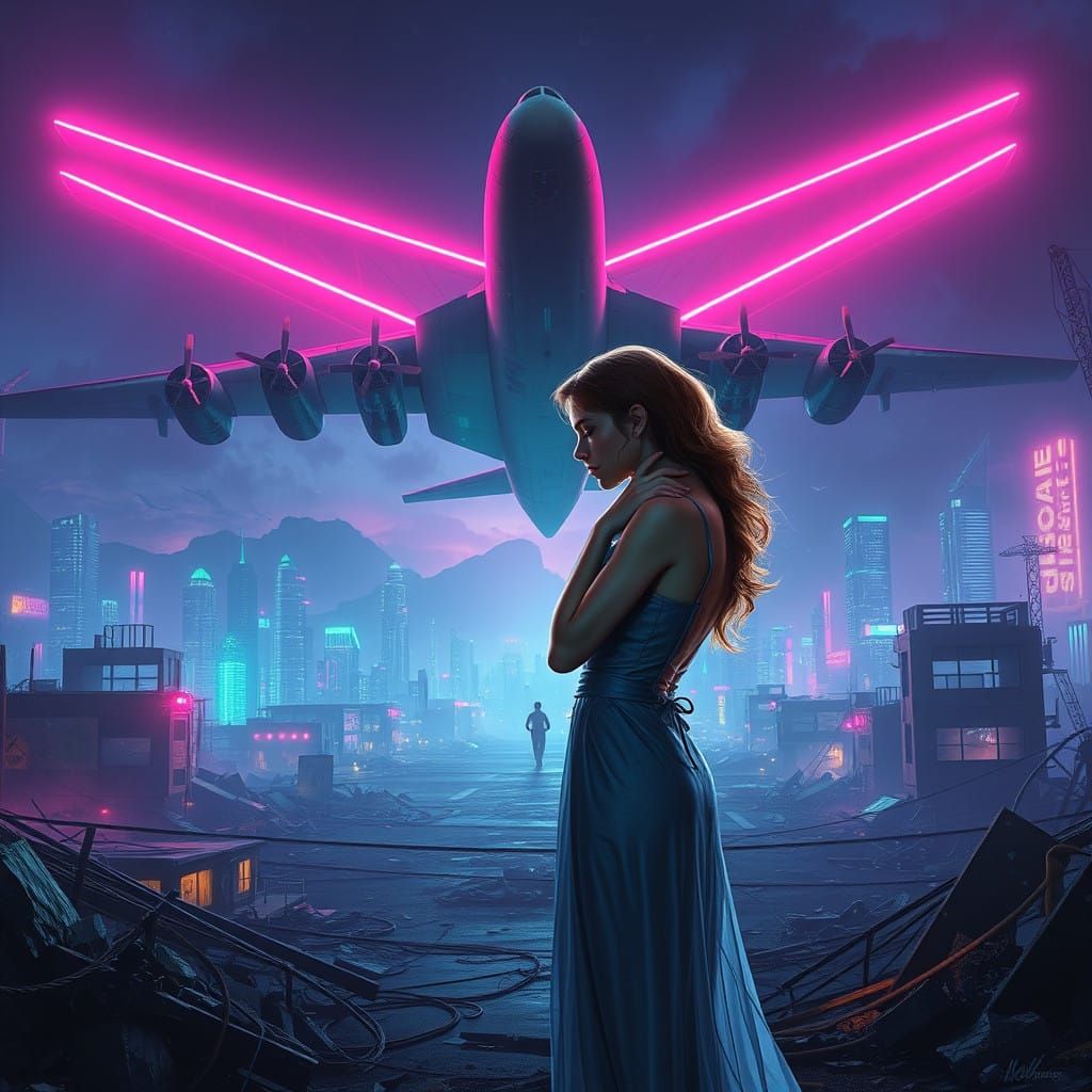 Post-Apocalyptic Love Amidst Ruins in Neon Hues