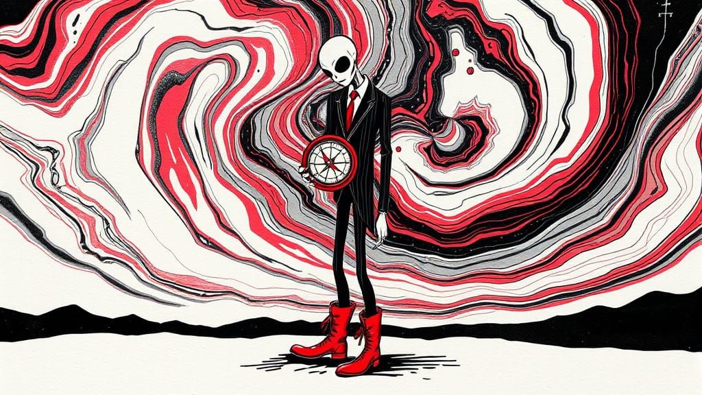 Slender Man with Compass in Op Art Aurora Sky