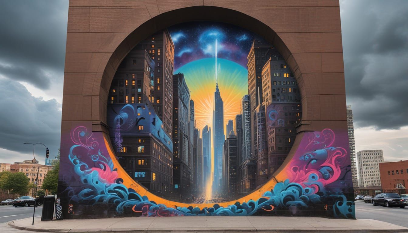 Urban wall graffiti on an urban downtown building wall among...