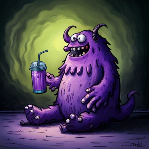 Fuzzy Purple Blob Monster with Shake, Dark Fantasy Art
