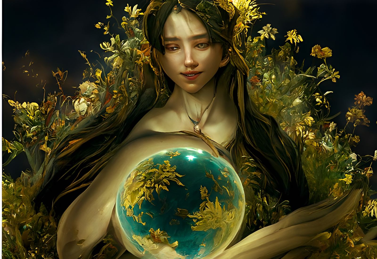 Gaia Goddess Holding Earth Orb: Detailed Digital Art