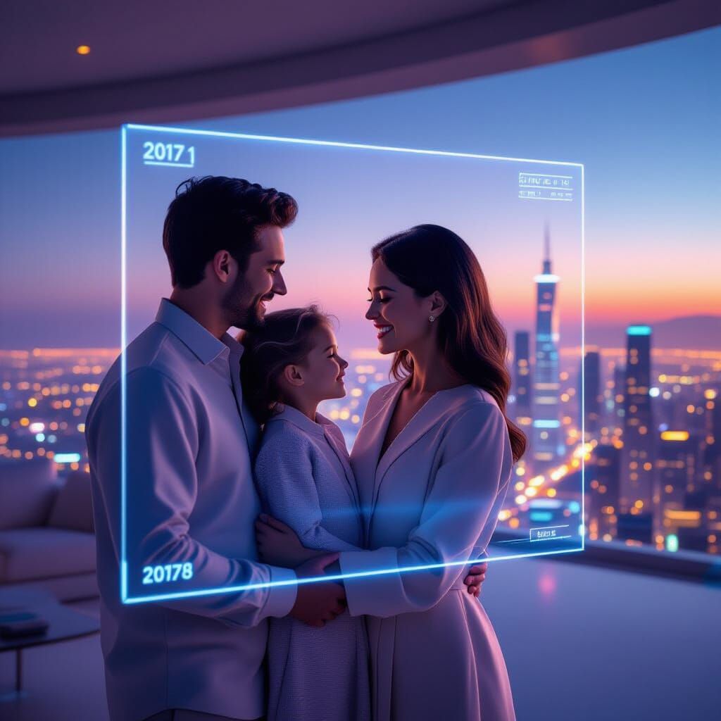 Holographic Family Portrait in Futuristic Neon City
