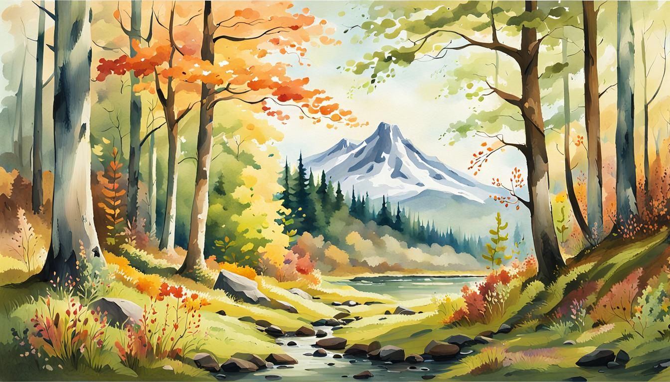Sunny Autumn Forest in Watercolor Style
