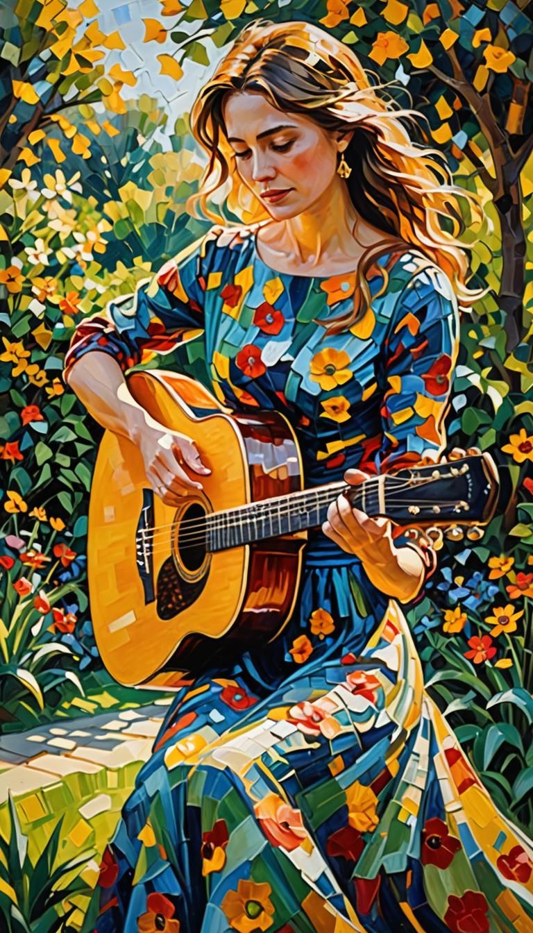 Woman in Garden: Neo-Impressionist Oil Painting