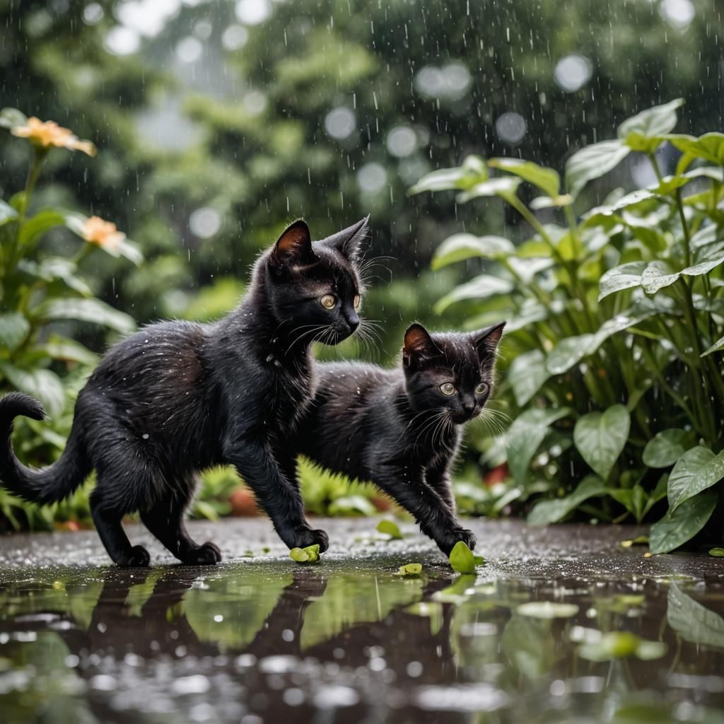 Black Kitten Plays in Rainy Garden: Photography