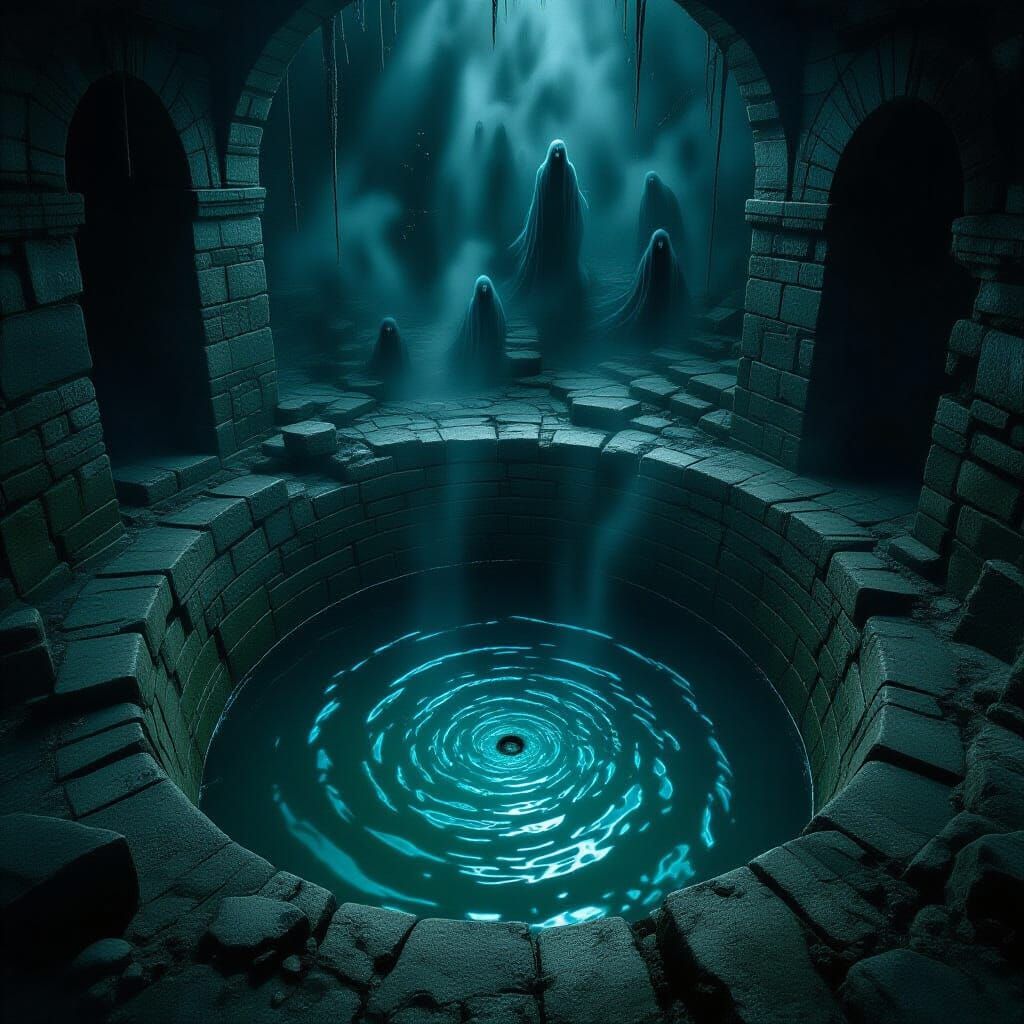 Eerie Medieval Well with Dark Water and Swirling Ghosts