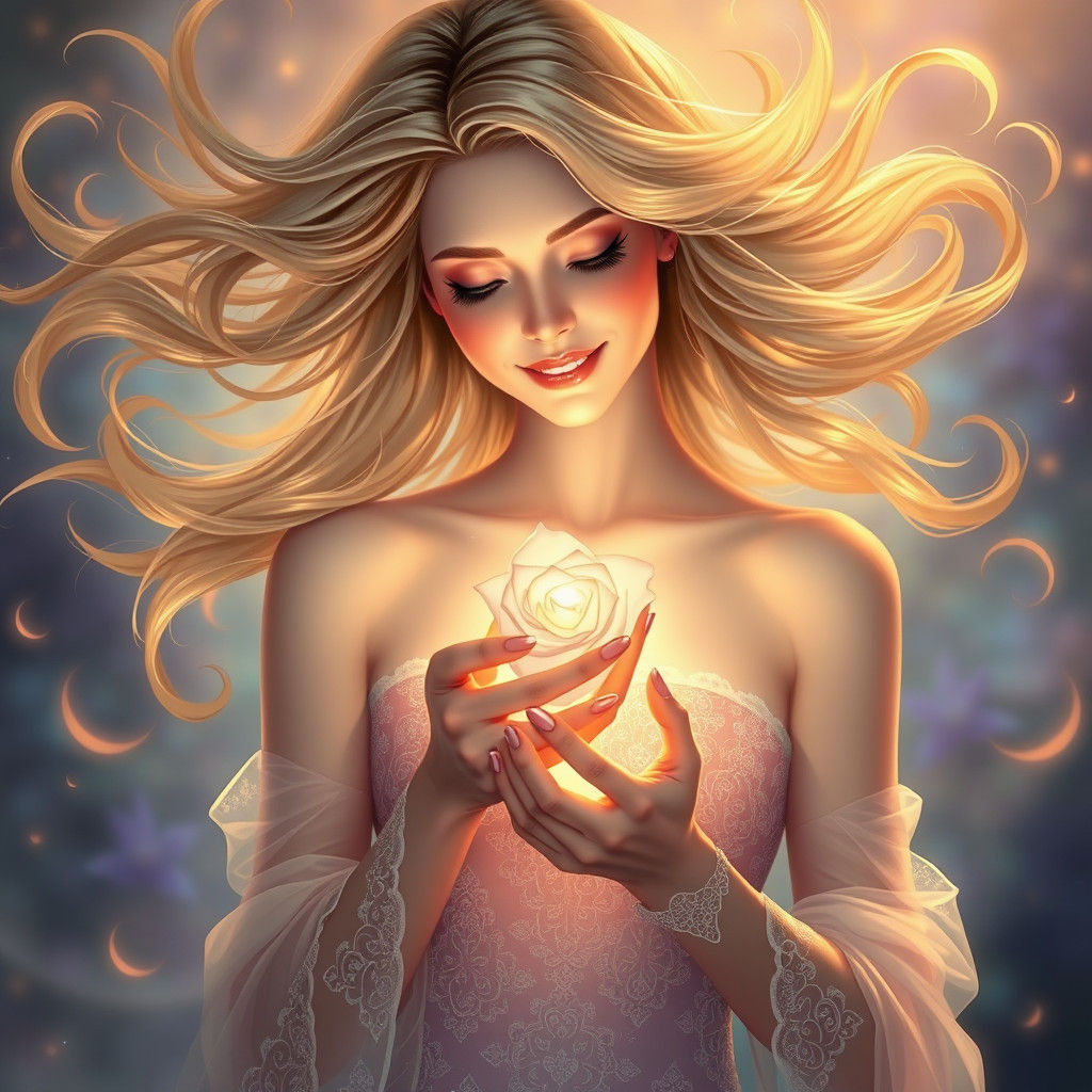 Ethereal Woman with Glowing Rose in Surreal Style