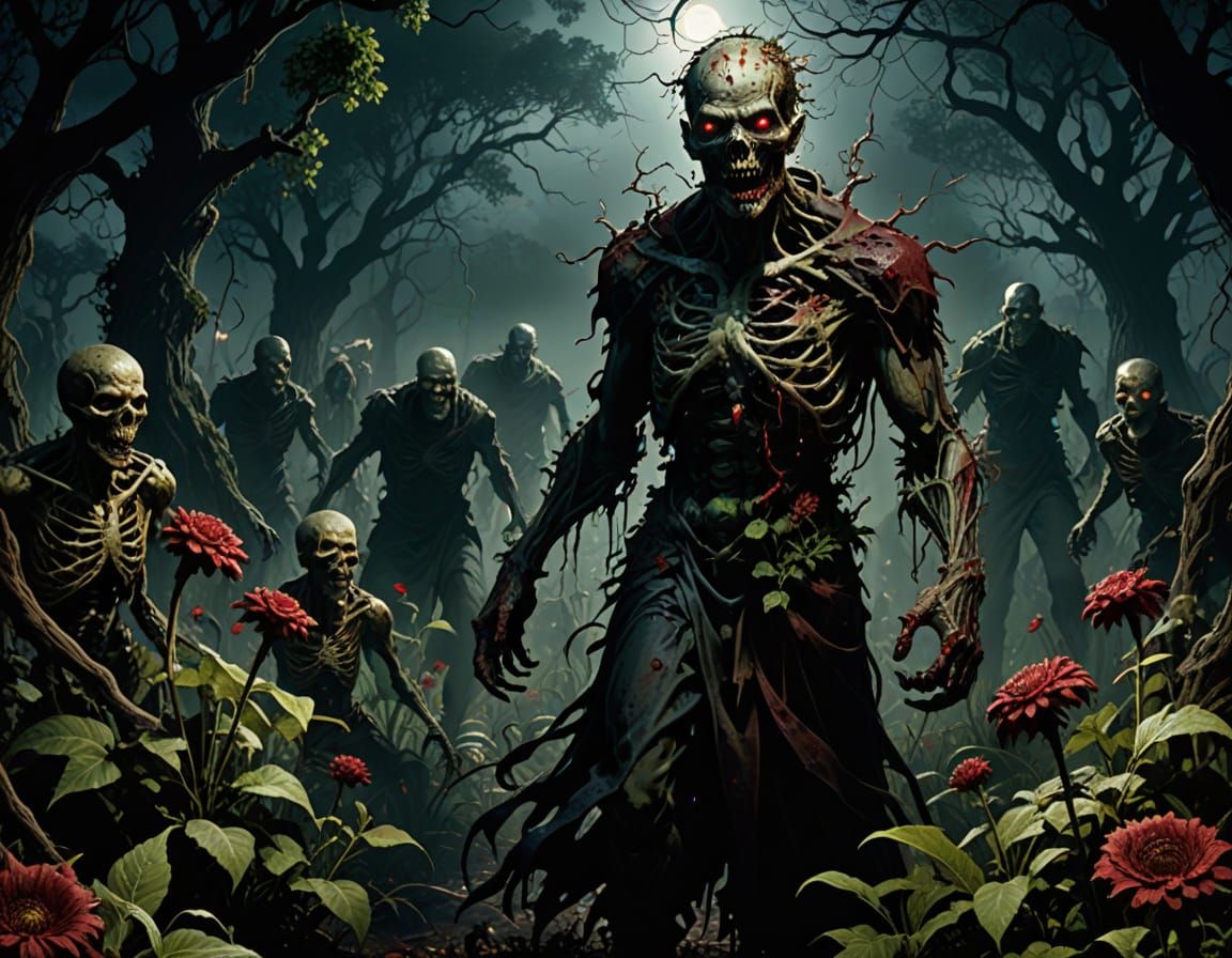 Zombies Rise in Overgrown Garden: Hyperrealistic Concept Art