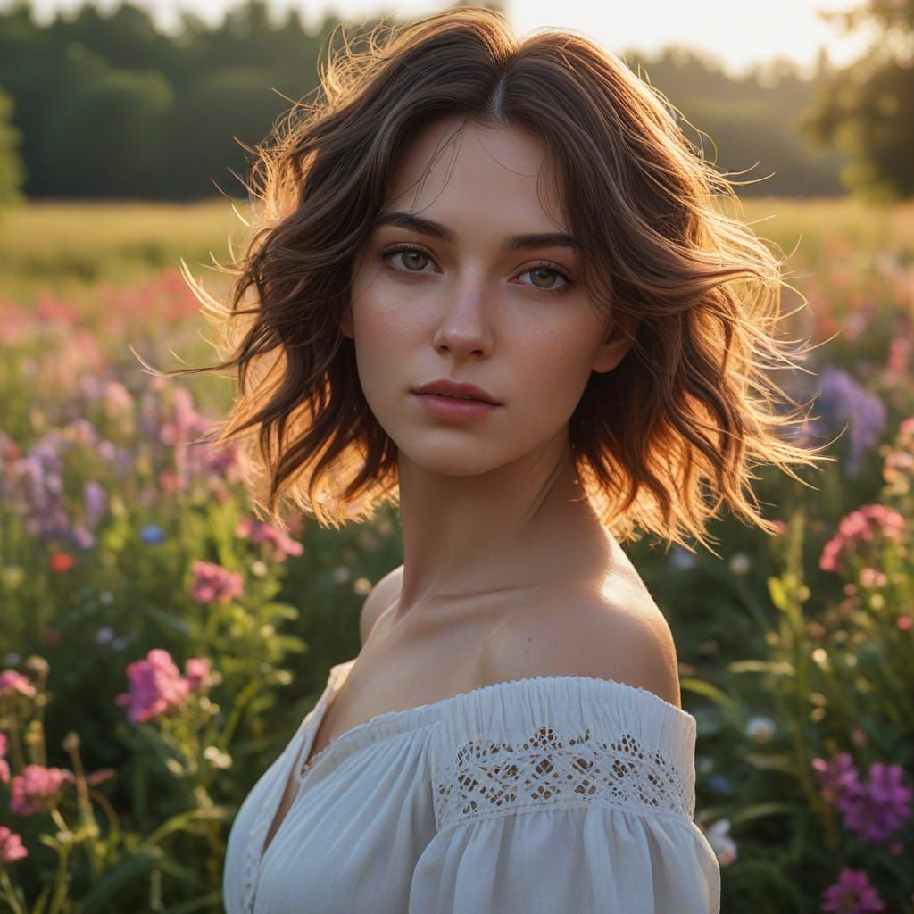 Woman in Wildflower Field at Sunset