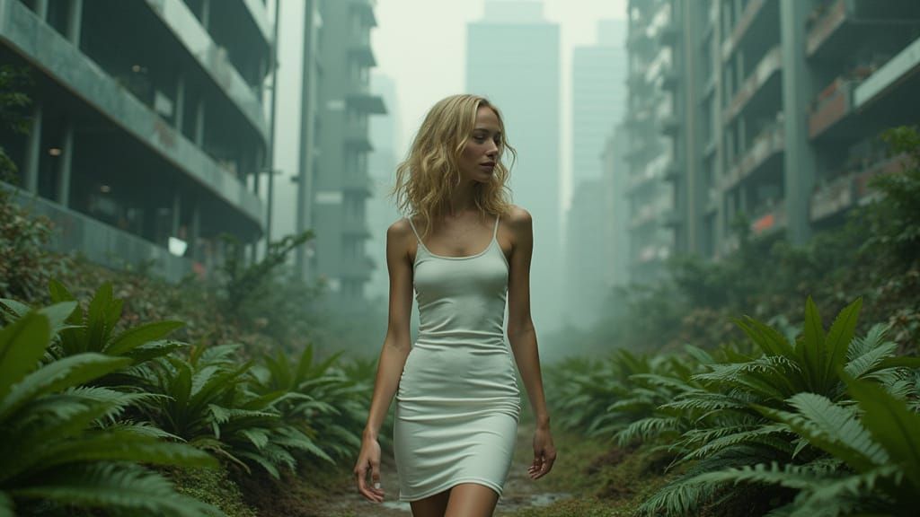 Supermodel in Futuristic Cityscape with Volumetric Lighting